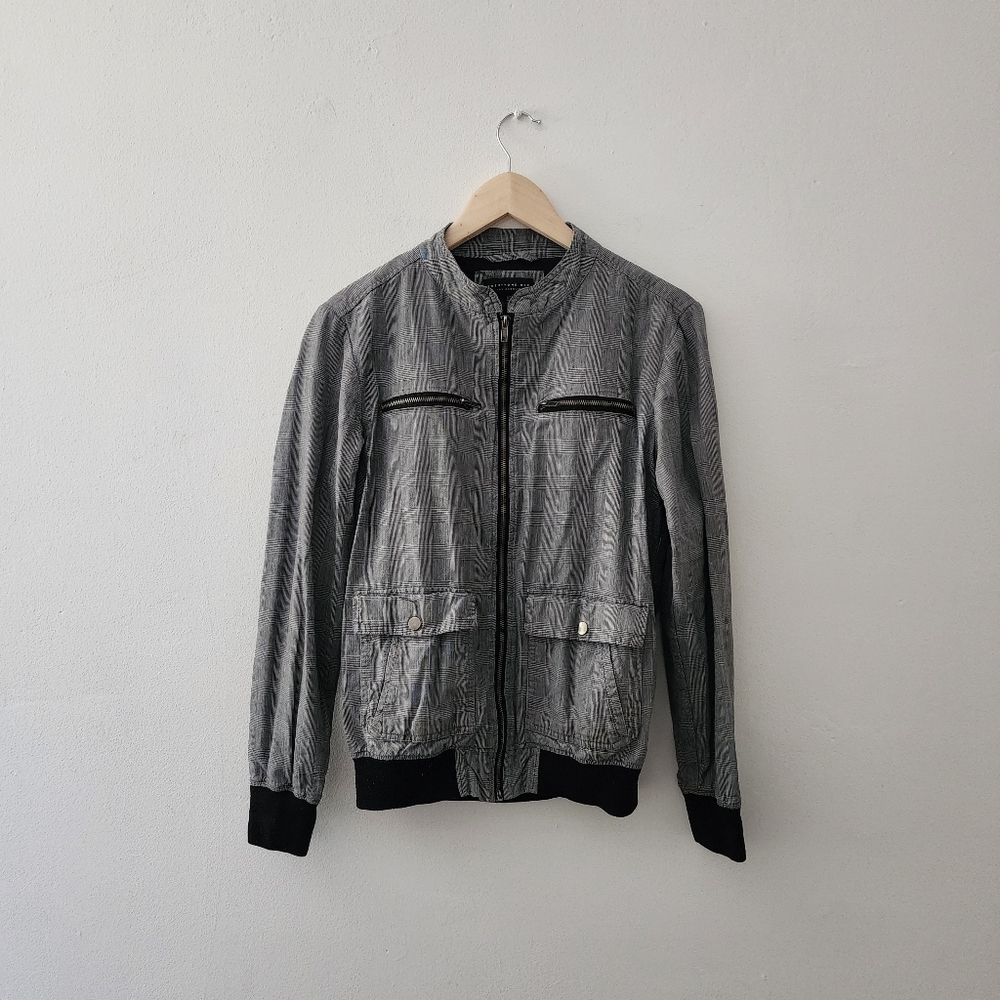 21 Men | Black and Gray Plaid Bomber Jacket